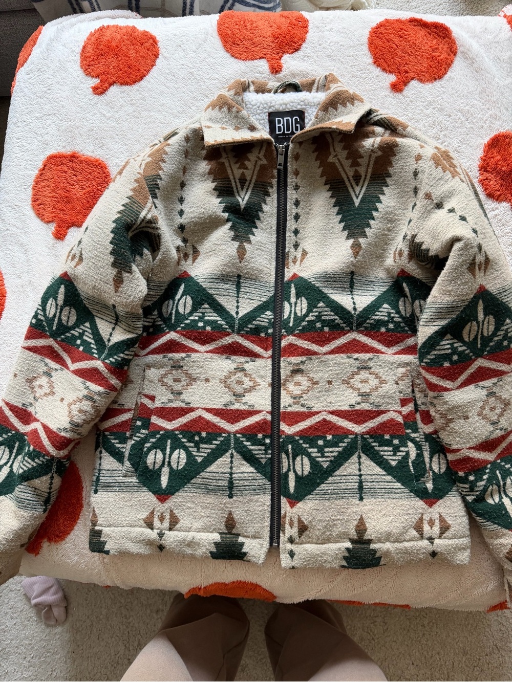 BDG Beige Teddy Jacket with Green & Red Aztec Pattern